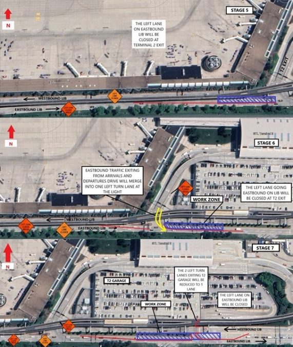 A photo of a map diagram showing the traffic flow and work zones of Stages Five through Seven of work around St. Louis Lambert International Airport