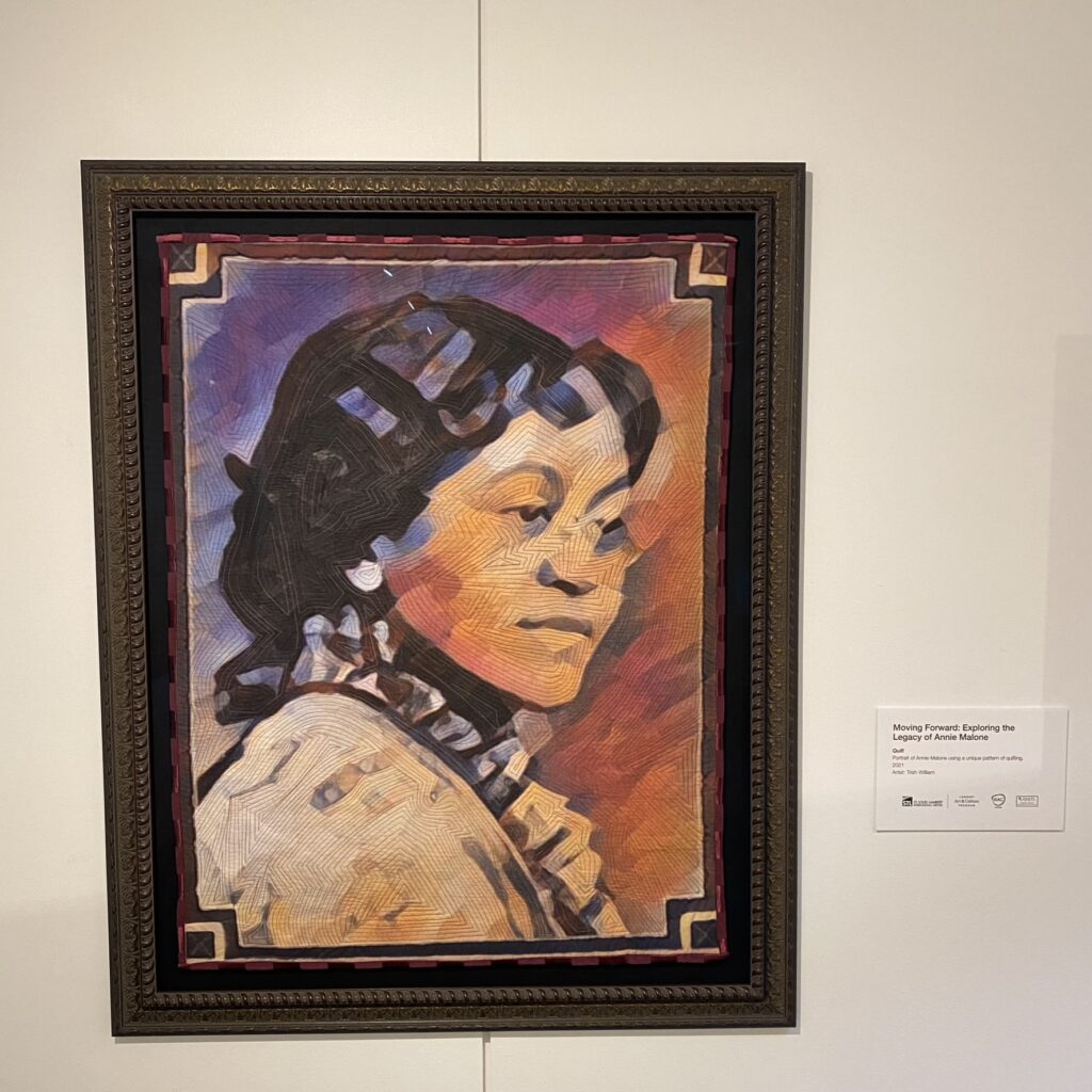 This image shows a vibrant portrait of Annie Malone displayed in a museum exhibit. The artwork features warm, rich tones of red, orange, and purple with intricate, textured brushstrokes. The portrait is framed with a decorative, dark frame.