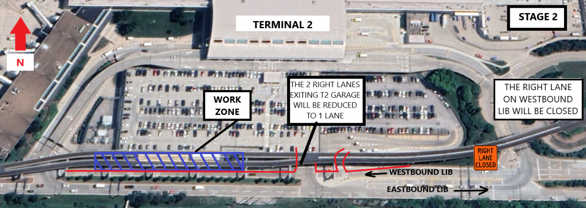Photo of a map diagram outlining lane closures and work zones at St. Louis Lambert International Airport