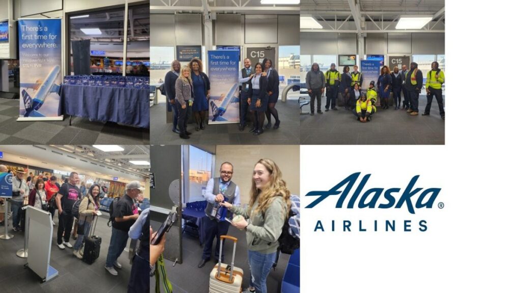 Collage of photos from the inaugural Alaska Airlines' Flight.