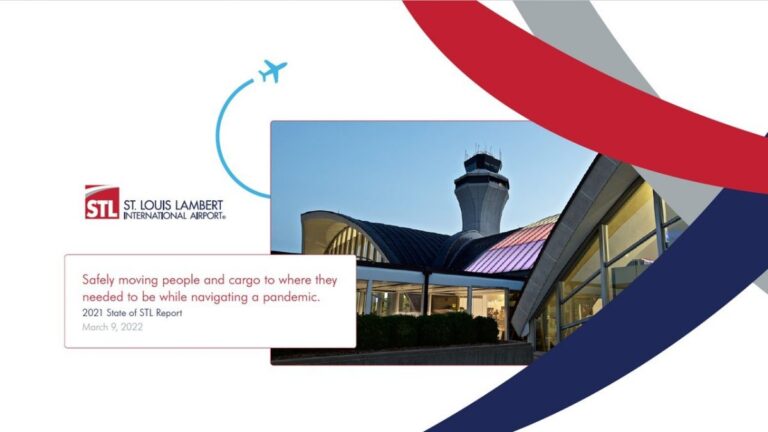 Photo of the cover of the St. Louis Lambert International Airport, featuring a photo of the front of the airport against a semi-dark sky.