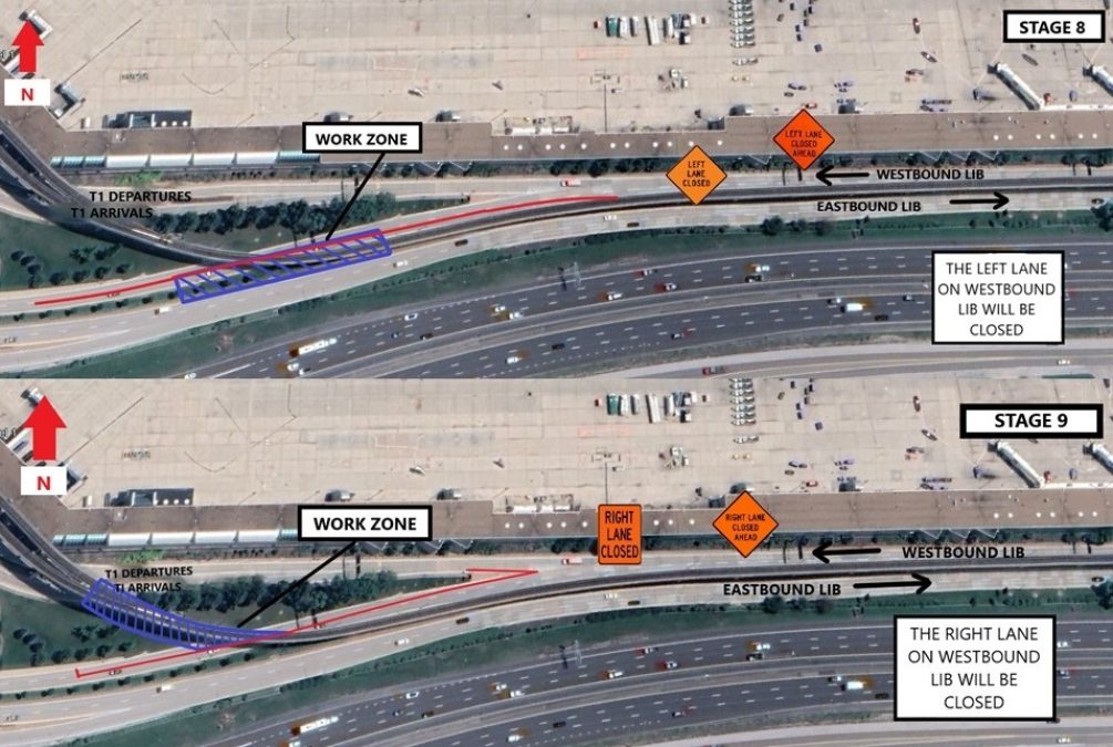 A photo of a map diagram showing lane closures and work zones for Stage Eight and Stage Nine of work around St. Louis Lambert International Airport