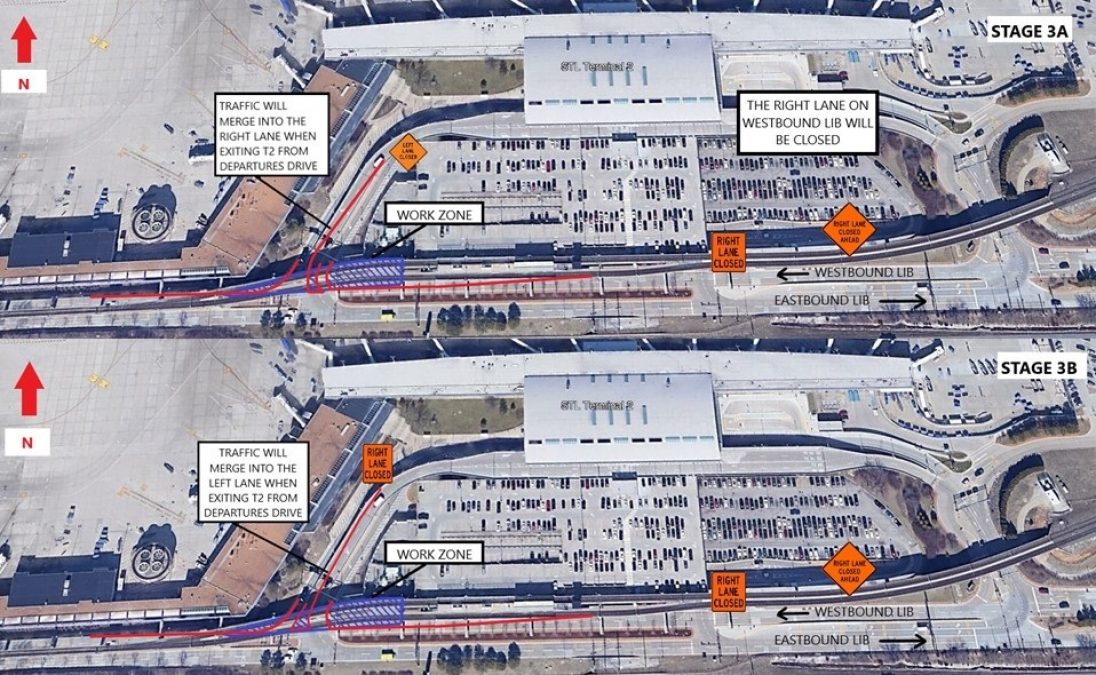 Photo of a map diagram illustrating lane closures and traffic changes at St. Louis Lambert International Airport