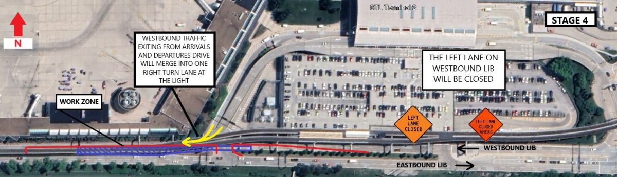 Photo of a map diagram showing closed lanes and work zones for Stage 4 of work around the St. Louis Lambert International Airport