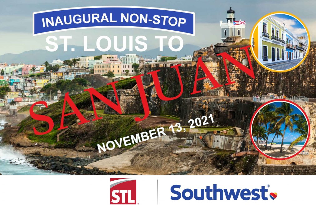 A graphic photo showing the city of San Juan, Puerto Rico in the background with writing in front of it that says, "Inaugural Non-Stop. St. Louis to San Juan. November 13, 2021"