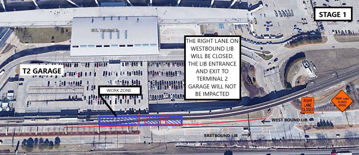 Photo of a map diagram outlining lane closures for the St. Louis Lambert International Airport