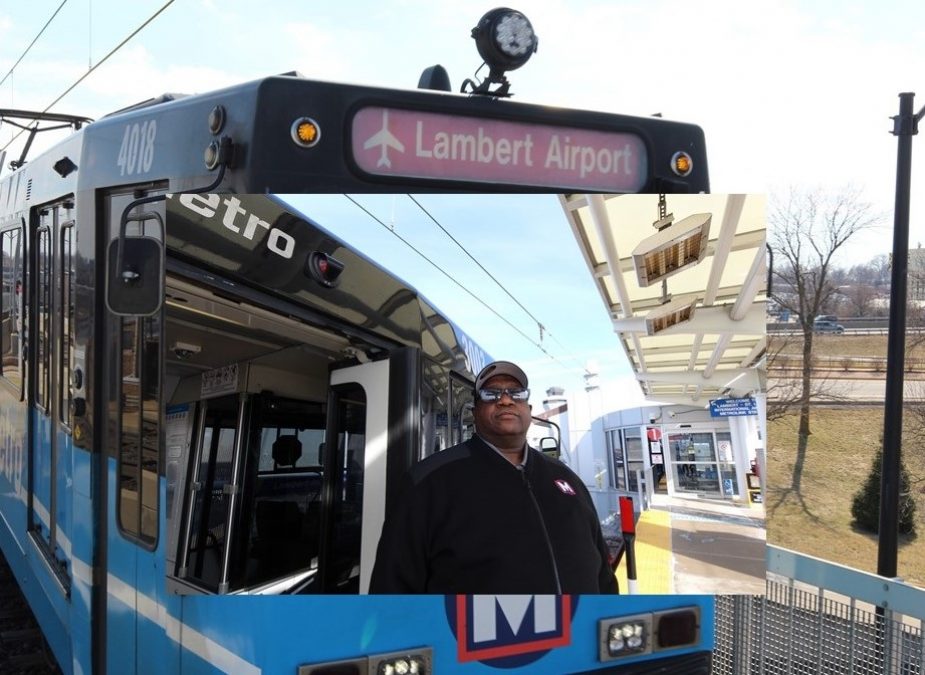 Photo of a bus shuttle that says "Lambert Airport" with another photo of a man standing in front of the shuttle with the door open