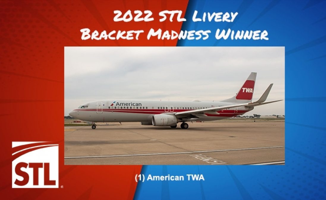 Red and blue graphic photo that says "2022 STL Livery Bracket Madness Winner. (1) American TWA" with a photo of an American TWA plane in the middle