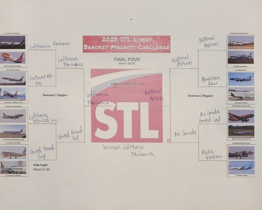 The march madness challenge bracket is shown on a whiteboard.