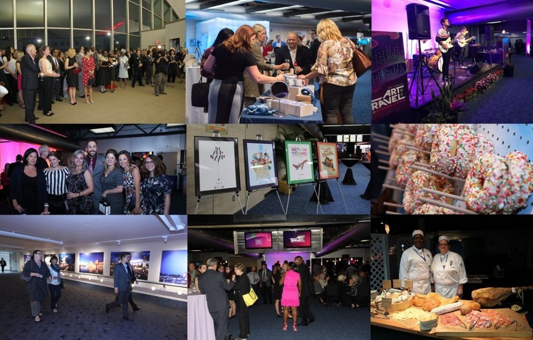 Nine photo collage featuring art, people and food of art of travel galas.