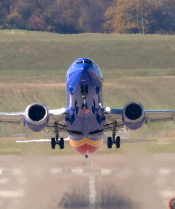 A southwest airplane takes off into the air from the STL airfield.