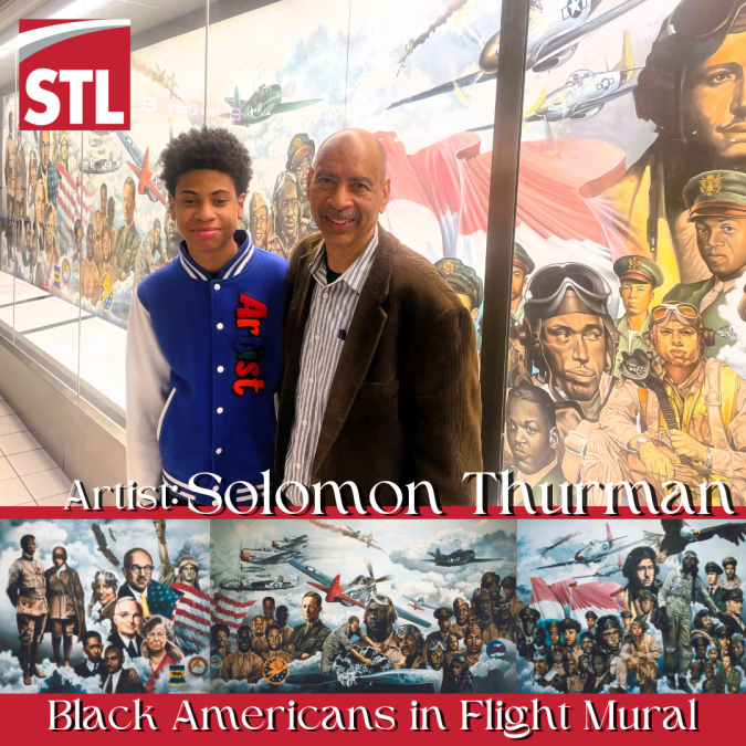 Artist Solomon Thurman stands beside his grandson in front of the "Black Americans in Flight" mural at St. Louis Lambert International Airport. The mural, rich in detail and color, honors the contributions of Black Americans to aviation history, showcasing iconic figures and aircraft. A bold red and white banner at the bottom of the image highlights the mural and its theme.