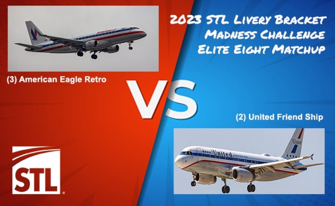 A graphic showing the 2023 STL Livery Bracket Madness Challenge Elite Eight Matchup showing American Eagle Retro vs. United Friend Ship