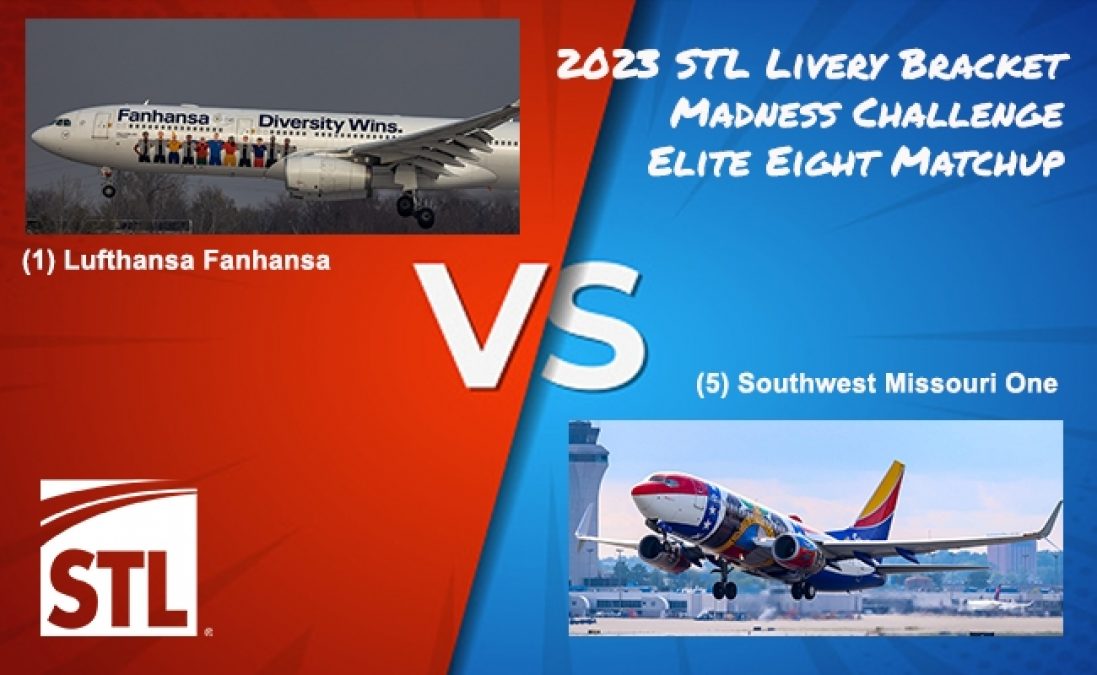 2023 STL Livery Bracket Madness Challenge Elite 8 Lineup showcasing Lufthansa Fanhansa vs. Southwest Missouri One