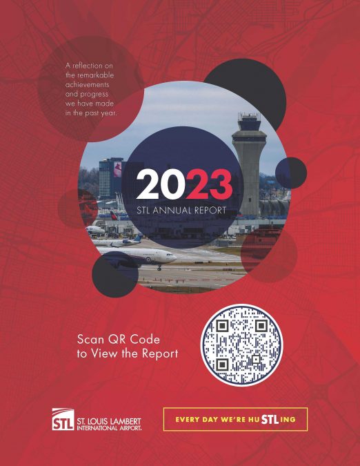 A promotional poster for the 2023 STL Annual Report from St. Louis Lambert International Airport. The design features a circular image of the airport's control tower and airfield, with the report year "2023" prominently displayed in the center. A QR code is provided for viewers to scan and access the report. The STL logo and the tagline "Every Day We're HuSTLing" appear at the bottom.