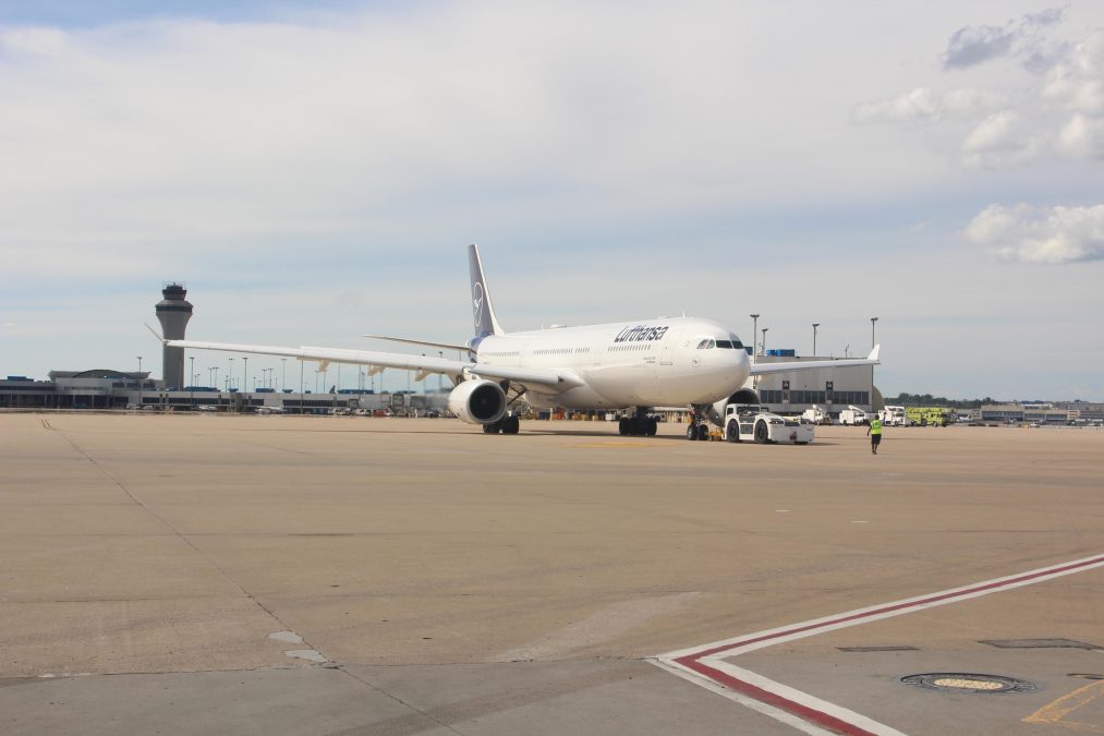 A Lufthansa airplane sits on the STL tarmac.