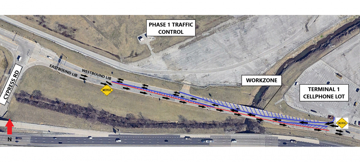 Phase 1 Traffic Control diagram showing Cypress Road to Westbound and Eastbound LIB.