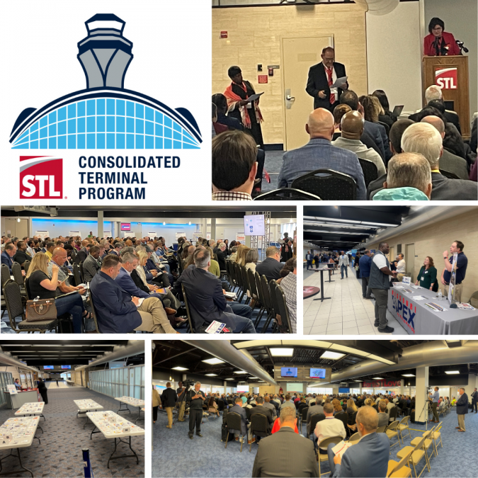 A collage showing highlights from the STL Consolidated Terminal Program event at St. Louis Lambert International Airport. The top-left corner displays the program's logo. Other images depict speakers addressing a large audience, attendees seated in a conference room, informational booths, and event spaces with presentation materials.
