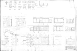 Architectural blueprint showing detailed floor plans, elevations, sections, and construction details for a building, including room layouts, a staircase, measurements, notes, and a small site plan in the lower right corner.