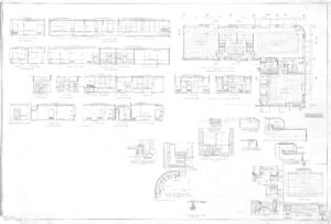 Architectural blueprint showing detailed floor plans, elevations, and sections of a building, including rooms, doors, windows, and structural elements, with various technical annotations and measurements throughout the layout.