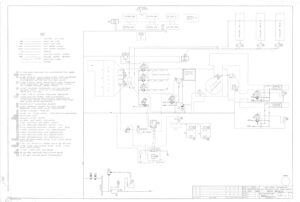 Black and white technical schematic diagram showing labeled electrical and mechanical components, wiring, and flow paths for a control system. Includes a key for symbols and a title block in the lower right corner.