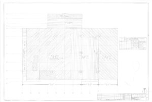 Architectural floor plan drawing showing shaded sections, grid lines, labels for rooms and building components, measurements, notes, and a title block in the lower right corner. The word VOID is handwritten on the right side.