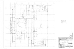 Technical blueprint of a building layout showing detailed ducting, exhaust, and venting plans. Labeled Cutter, Sawfil, Exhaust and Venting by McDonnell Aircraft, with grids, notes, and a title block in the lower right corner.