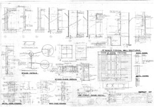 Architectural blueprint showing 1/4 scale typical wall sections for door and door frames, labeled details for metal and wood doors, stage doors, air-tight doors, and a reference chart with technical specifications.