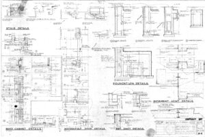 Architectural blueprint sheet displaying detailed technical drawings labeled stair details, wood cabinet details, modernfold door details, foundation details, movement joint details, and ext. duct details, with measurements and notes.