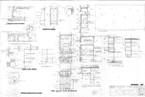 Faded architectural blueprint showing detailed technical drawings and labeled measurements for various sections and components of a building’s gallery elevation and storage units. Multiple diagrams, labels, and notes cover the sheet.