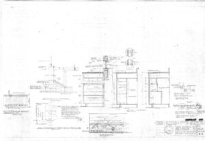 Faint black-and-white architectural blueprint showing detailed technical drawings, measurements, and labels for building components, including sections and elevations of walls, doors, and structural elements. Various handwritten notes are visible.