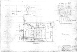 Faint, technical engineering drawing showing a complex plumbing or piping layout with labeled pipes, equipment, and a legend. Title block in the lower right corner reads Contract Drawings, Plumbing with approval information.
