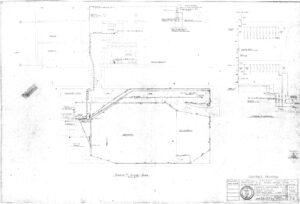 Faded black-and-white architectural drawing labeled Basement — Floor Plan, showing rooms, walls, and structural details. Includes labels, measurements, and a title block in the lower right corner.