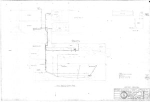 Faint blueprint showing a site plan with labeled rooms, pathways, and pipes, titled “Auxiliary Plumbing & Complete Plans.” Includes measurements, directional arrows, and a legend in the lower right corner.