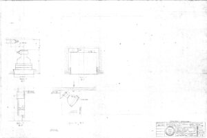 Faint technical drawing of a concrete pedestal, showing front, top, and side views with measurements. Title block at lower right includes project and drawing details. The image appears faded and hard to read.
