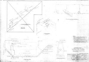 Architectural technical drawing showing floor plans, elevations, and sections for a building project; includes labeled measurements, structural notes, title block, and details about framing, foundation, and construction materials.