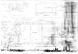Faded architectural blueprint showing floor plans, technical drawings, and written notes for a rectangular building labeled “Swimming Pool Building” with detailed measurements and annotations throughout the document.