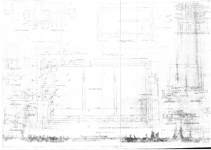 Faded architectural blueprint showing detailed technical drawings and measurements of a rectangular building or structure, including notes, labels, and a legend in the upper right corner.