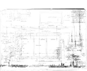 Faded architectural blueprint showing layout of a building with labeled rooms, walls, doors, and technical notes. Includes measurements, title block, legend, and scale details, with some areas smudged or hard to read.