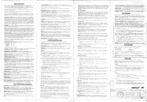 A scanned, densely typed contract document with small text in four columns. Includes checkboxes, handwritten notes, signatures, and official stamps at the bottom right corner. The text is mostly black on a white background.