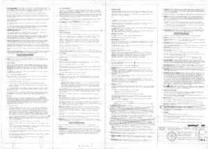 A scanned document with small, dense printed text in three columns, featuring sections, numbered clauses, signatures, and official stamps at the bottom right corner. The text is largely unreadable due to image resolution.