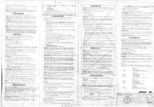A scanned, typewritten contract page with sections of text in columns, many of which are crossed out with large X marks. The document includes headings, paragraphs, and signatures at the bottom right corner.