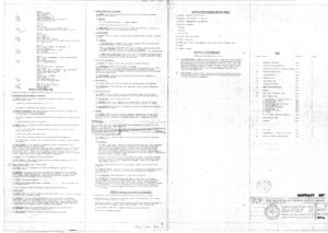 A scanned, detailed technical document with multiple columns of typed text, tables, and sections. Lower right corner displays a title block with contract details, dates, signatures, and official stamps. Text is small and densely packed.