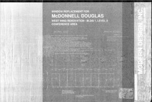 Black and white blueprint titled “Window Replacement for McDonnell Douglas: West Wing Renovation—Bldg 1, Level 3, Conference Area,” with architectural notes and Modern Design Inc. contact info on the right side.
