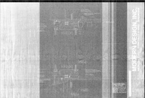 Faded architectural blueprint labeled MODERN DESIGN INC. showing technical drawings and construction details, with company address and project information on the right side. Image appears grainy and partially washed out.
