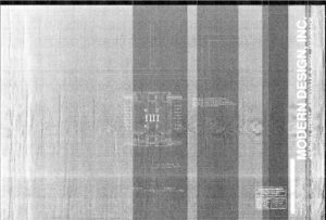 A faded, grayscale architectural blueprint labeled MODERN DESIGN, INC. appears on the right, with vertical lines and a faint floor plan in the center. Small text and diagrams are scattered across the document.