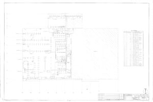 Faint architectural floor plan showing rooms, walls, doors, and labeled areas. Includes a legend and room schedule on the right, and a title block in the lower right corner, with most space on the right shaded diagonally.
