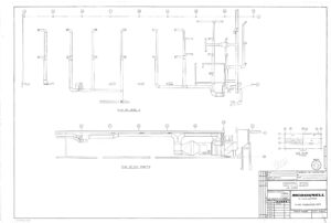 Technical drawing of piping and ductwork layouts for a plant, showing top and side views with labeled pipe sections, measurement details, and a title block in the bottom right corner marked MCDONNELL and VOID.