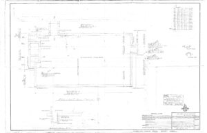 Architectural blueprint showing a building layout with labeled rooms, dimensions, door and window placements, detailed notes, and a title block in the bottom right corner. Text and measurements are visible throughout the plan.