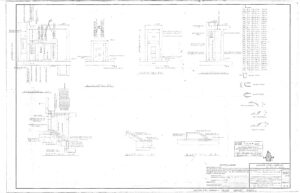 Black and white architectural blueprint showing detailed structural sections, elevation views, notes, and dimensions for concrete and steel construction, with a title block labeled “LACLEDE STEEL COMPANY” in the lower right corner.